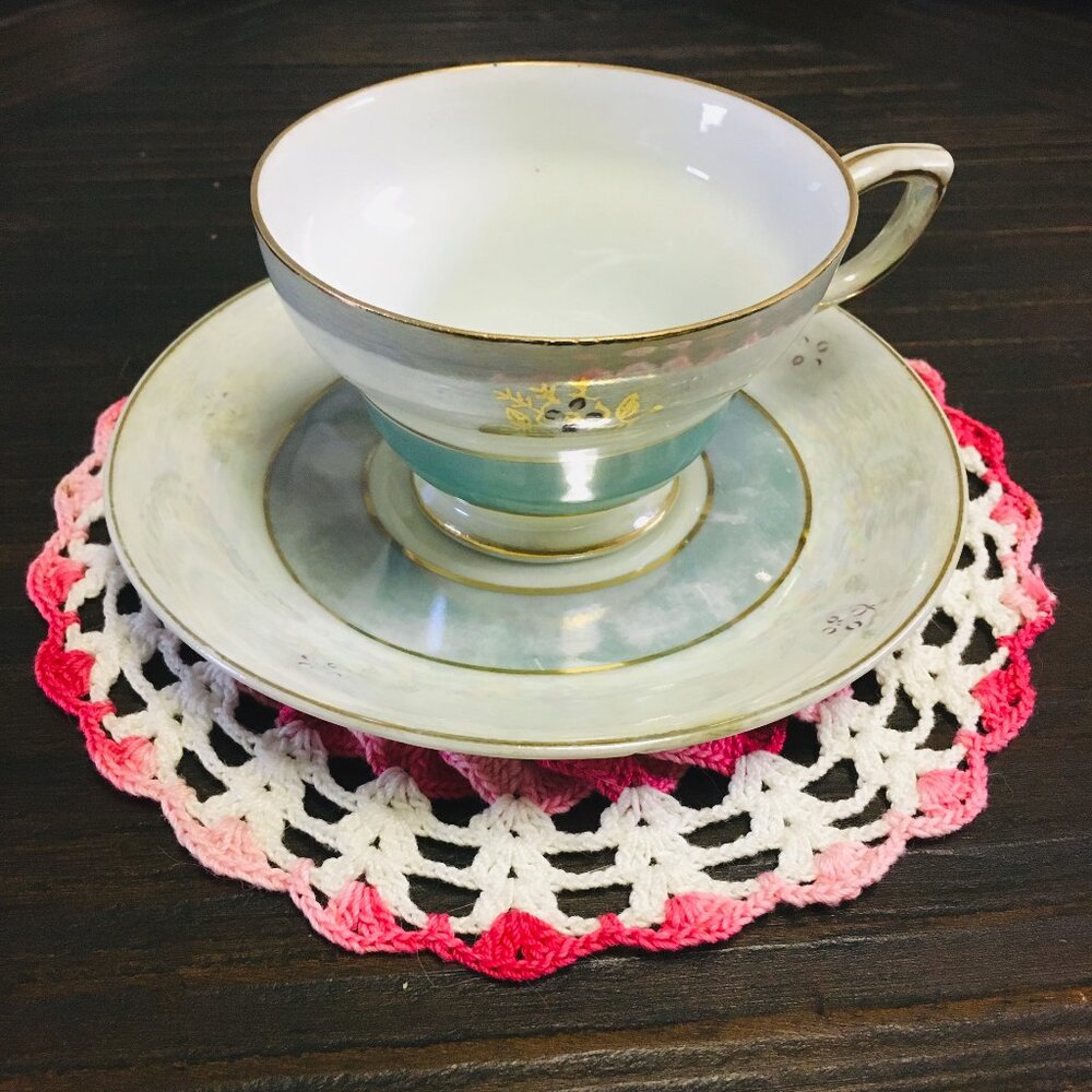 Diamond Fine China Korea Lusterware Iridescent Teacup Saucer Gold Rim